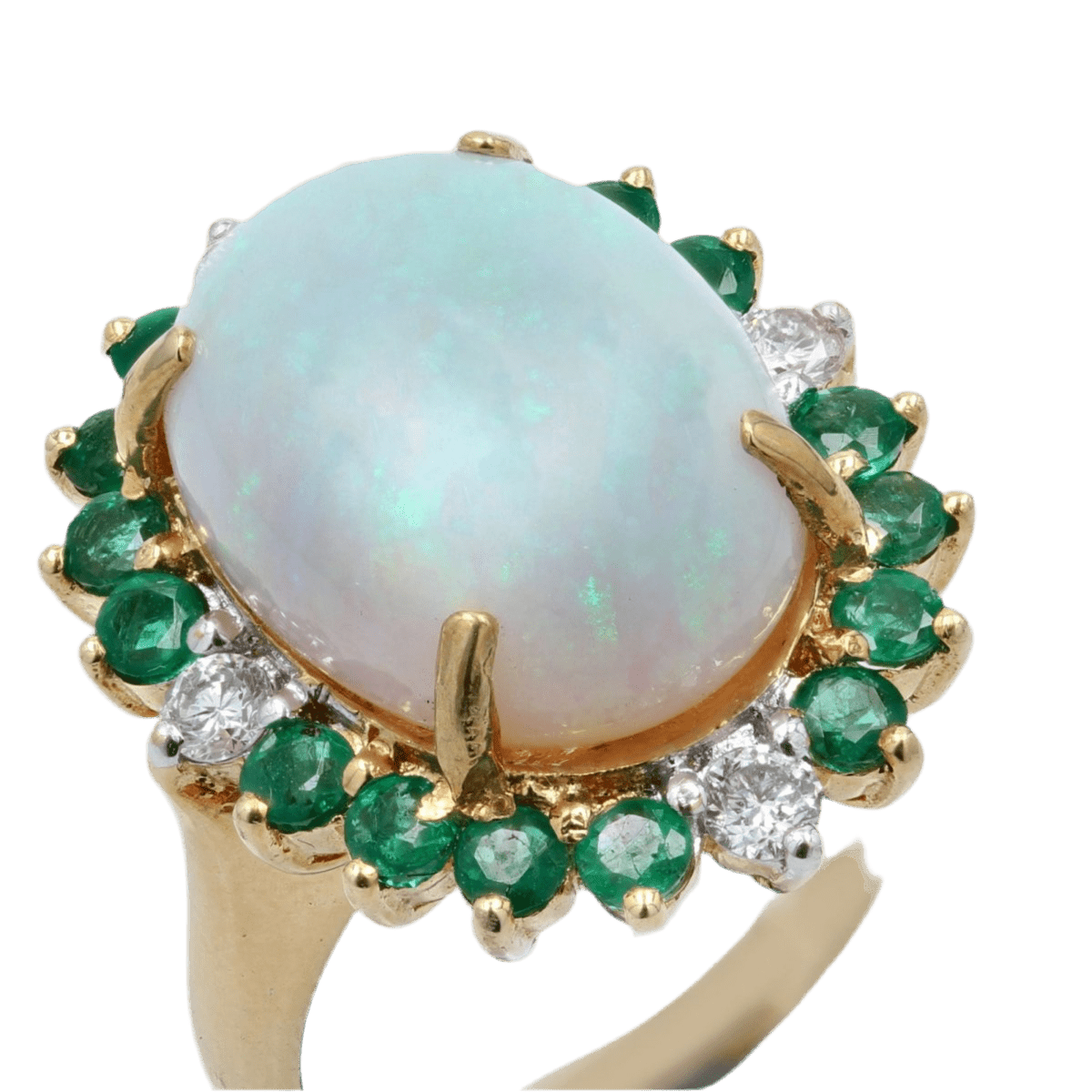 Bague Entourage en or jaune, opale, émeraudes et diamants - Castafiore
