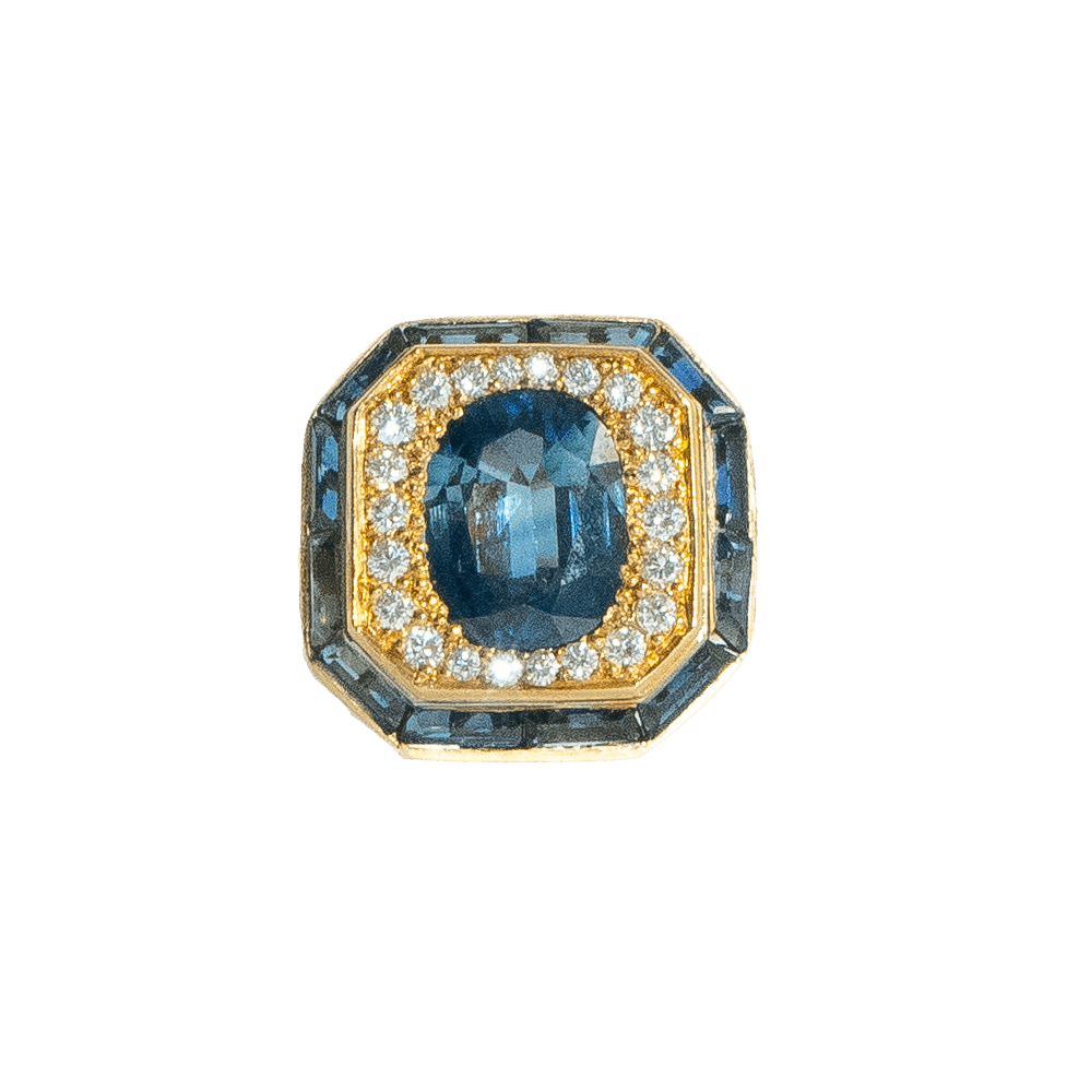 Bague Entourage en or jaune, pierre bleue et diamants - Castafiore