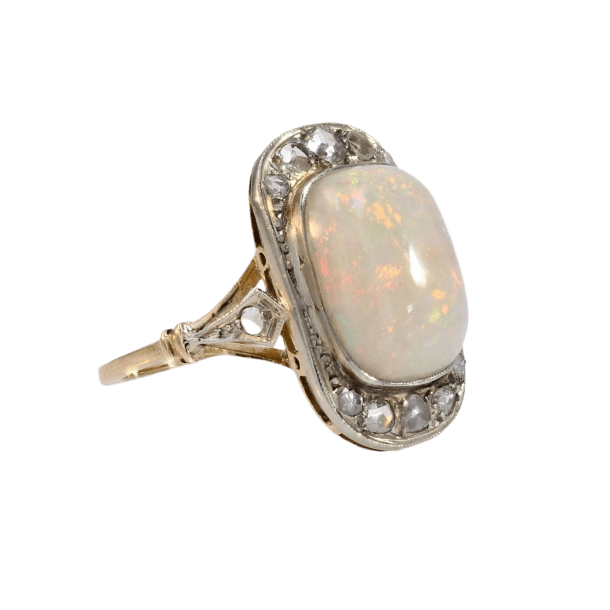 Bague Entourage en or jaune, platine, opale et diamants - Castafiore