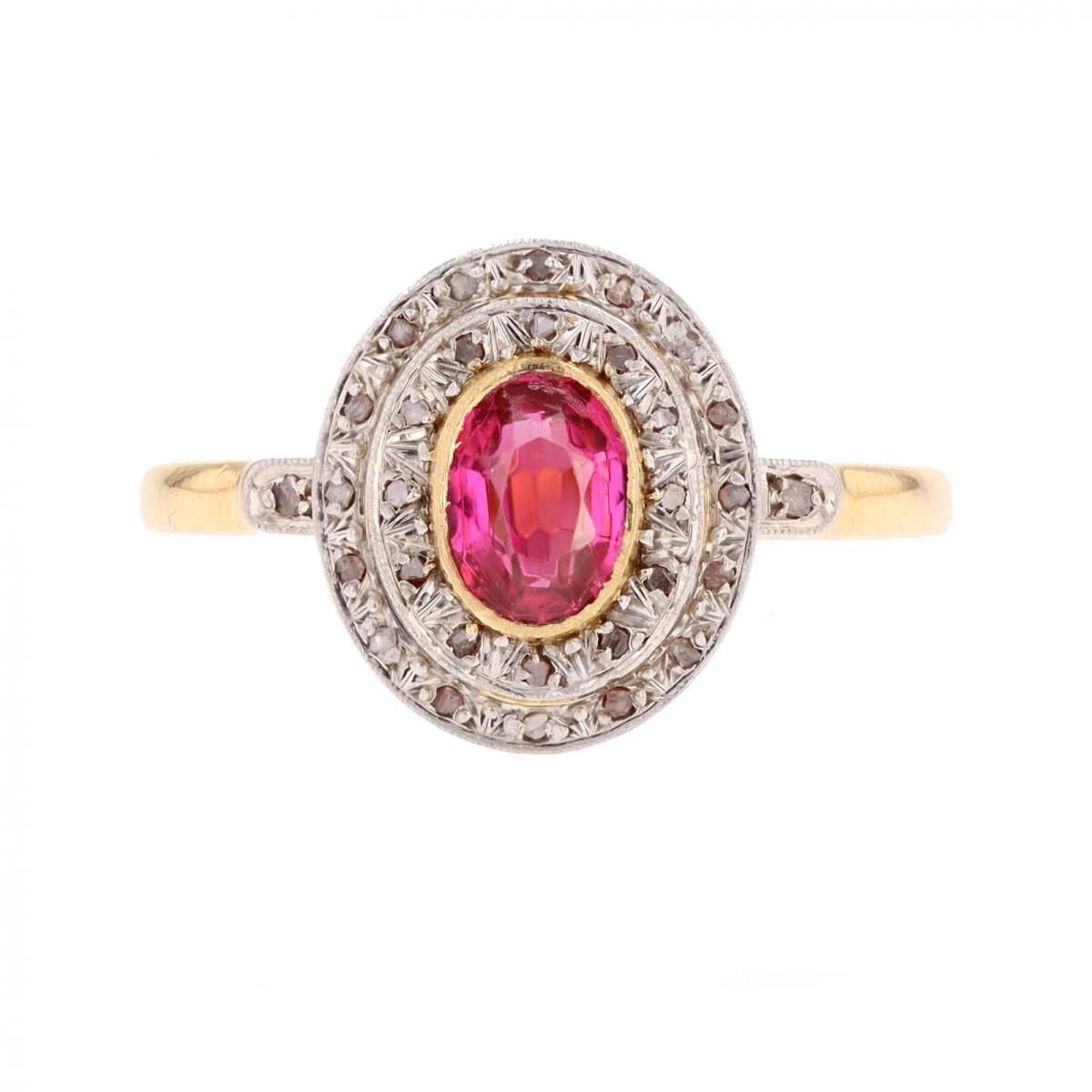 Bague Entourage en or jaune, platine, rubis et diamants - Castafiore