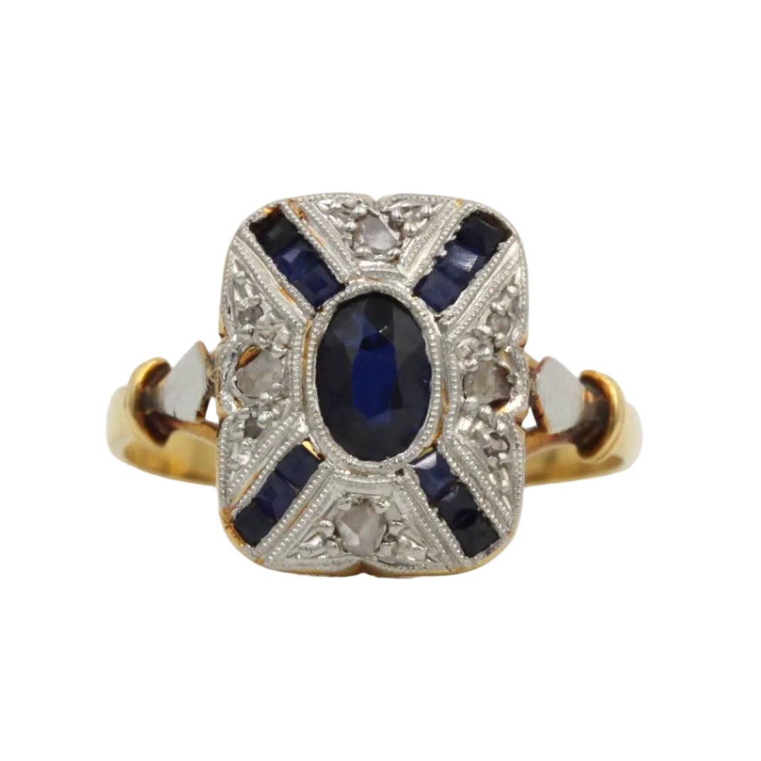 Bague Entourage en or jaune, platine, saphirs et diamants