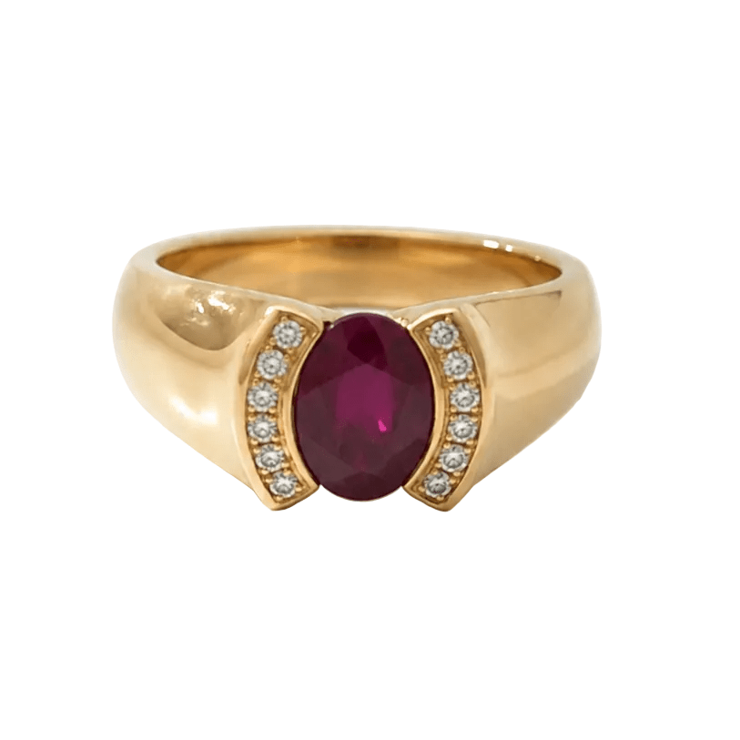 Bague Entourage en or jaune, rubis et diamants