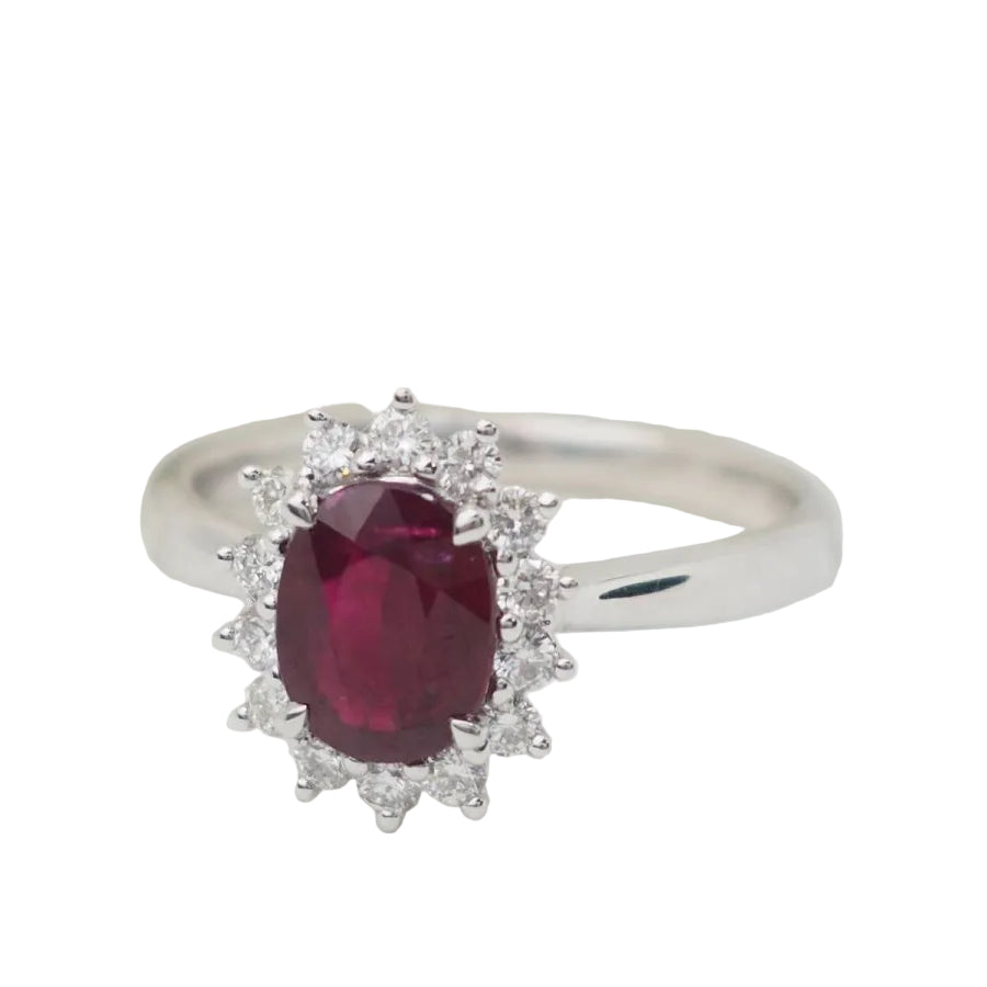 Bague entourage en or or blanc, rubis 0.95ct et diamants - Castafiore