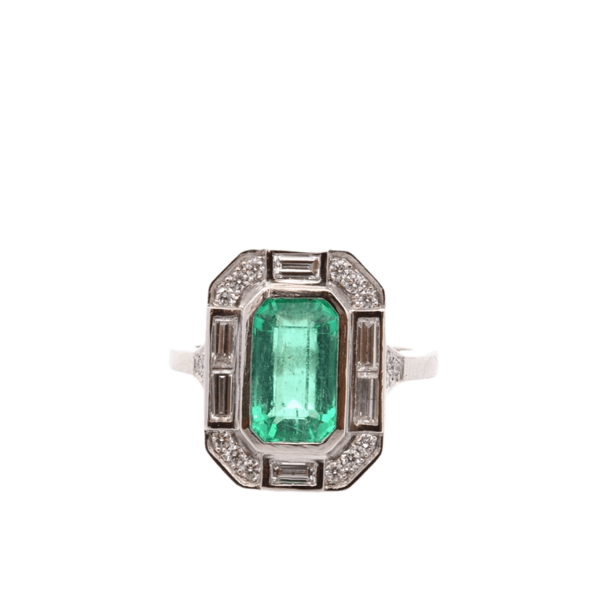 Bague Entourage en platine, émeraude et diamants - Castafiore