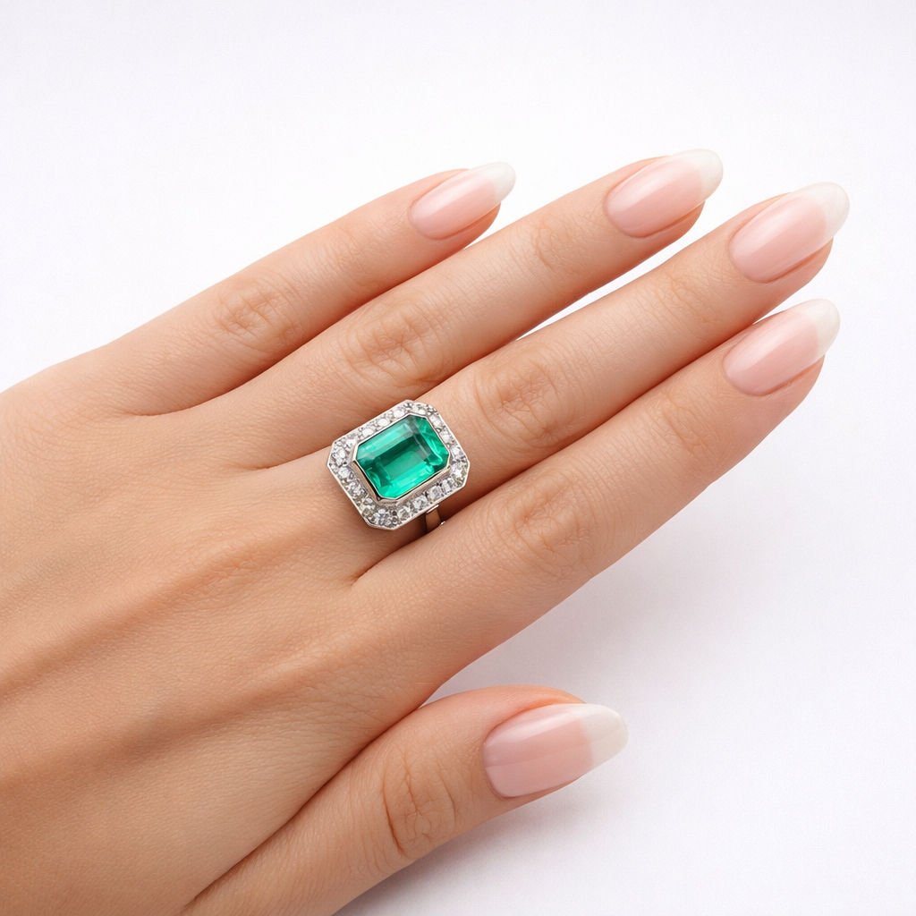 Bague Entourage en platine, émeraude et diamants - Castafiore