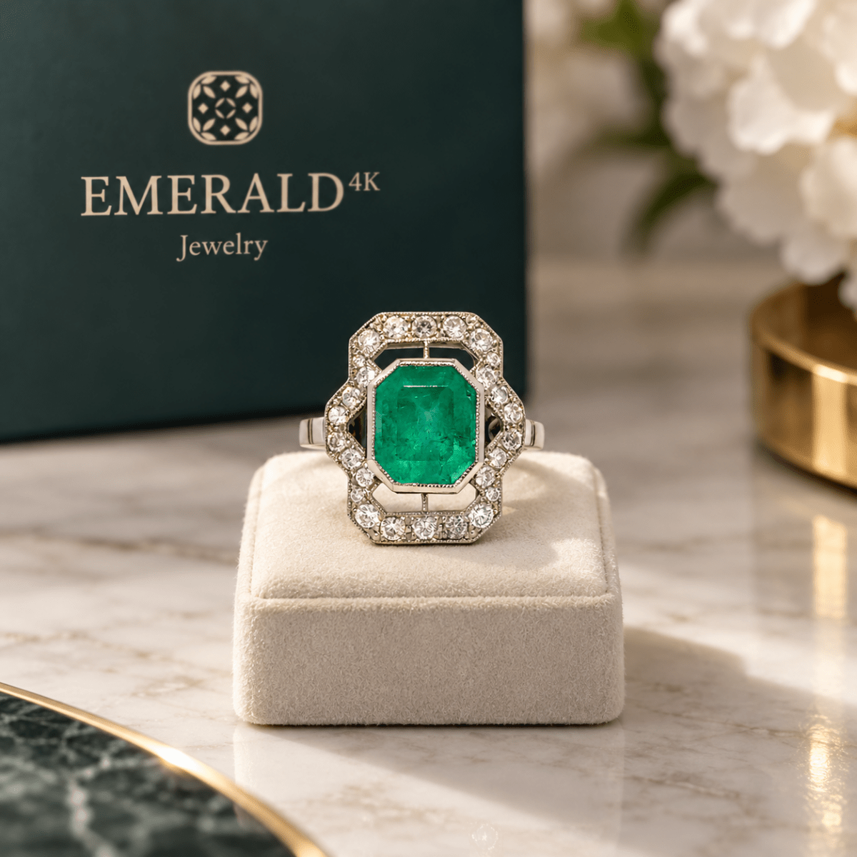 Bague Entourage en platine, émeraudes et diamants - Castafiore