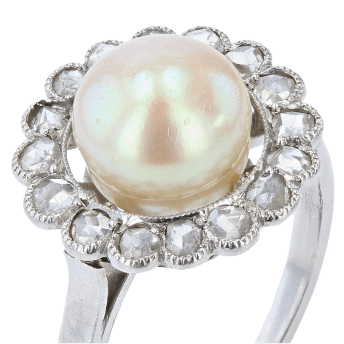 Bague Entourage en platine, perle et diamants - Castafiore
