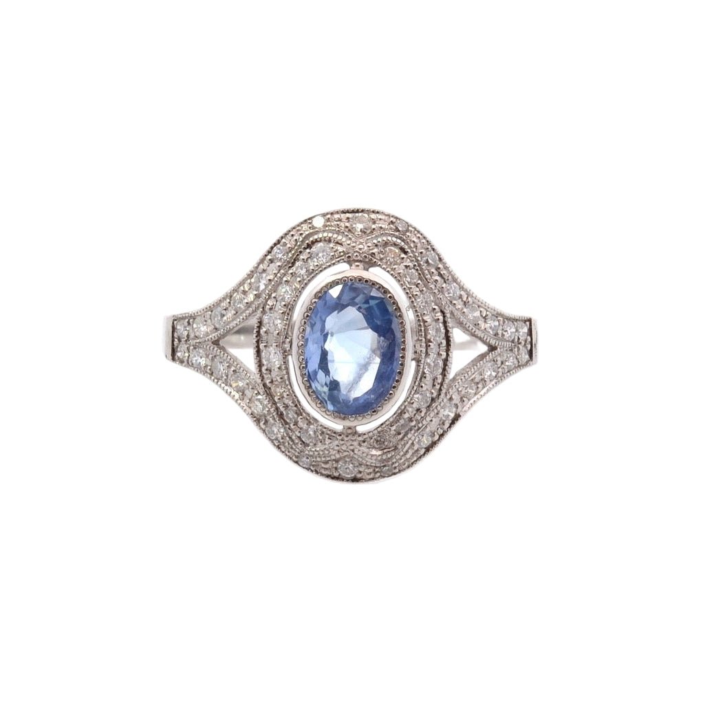 Bague Entourage en platine, saphir, et diamants - Castafiore