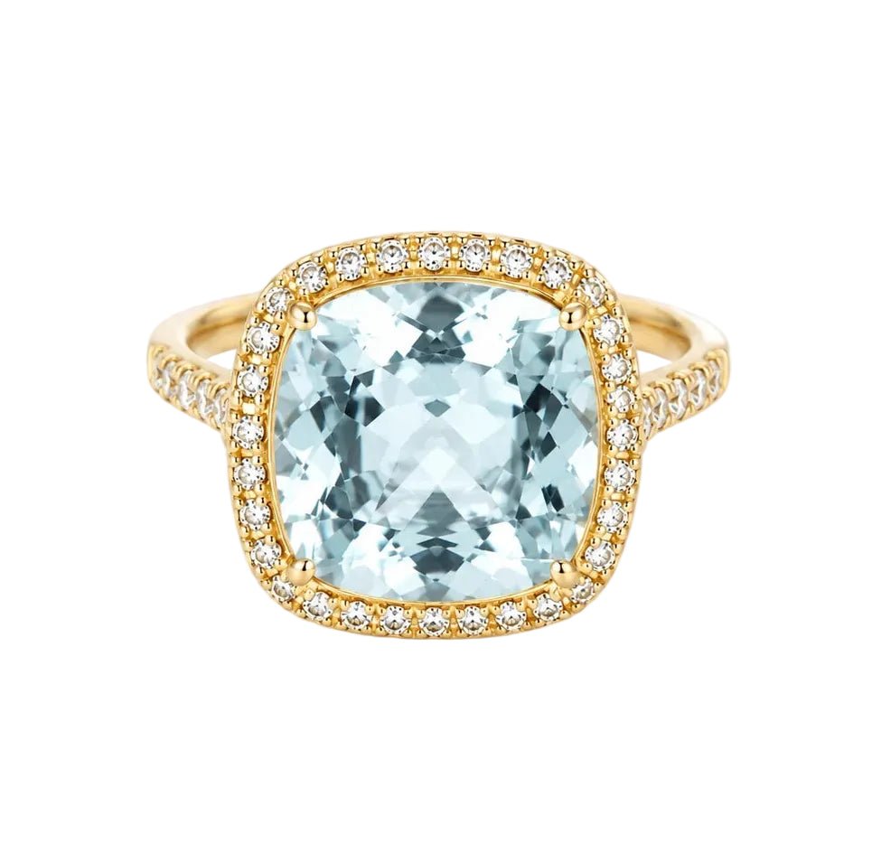 Bague Entourage ISABELLE LANGLOIS en or jaune, aigue-marine et diamants - Castafiore