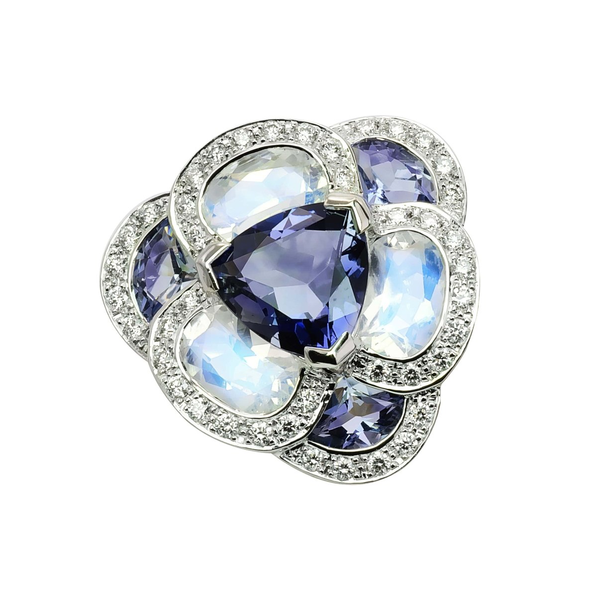 Bague Entourage ISABELLE LANGLOIS "Flora Pensée" en or blanc, pierres de lune, iolites et diamants - Castafiore