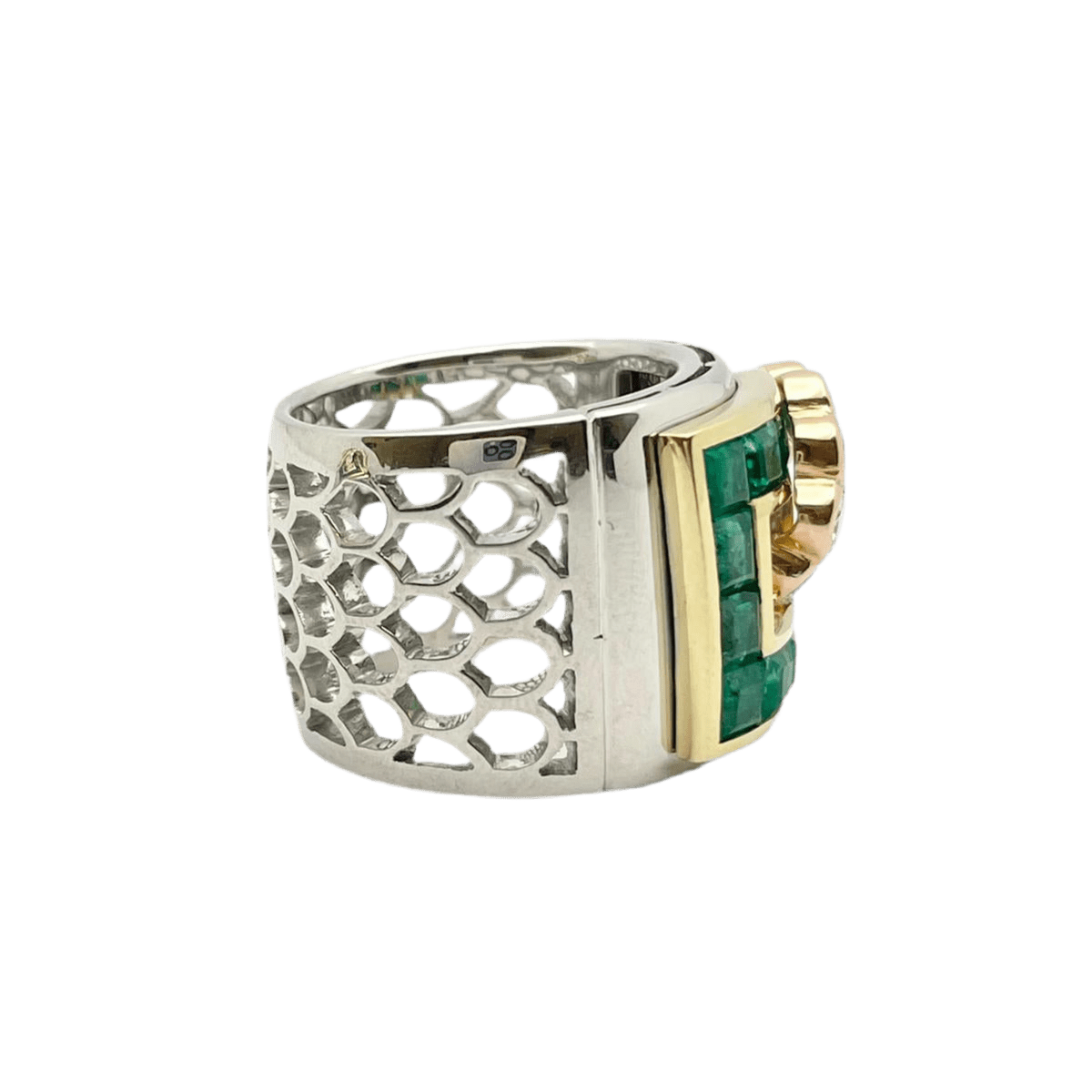 Bague et Boucles d'oreilles LUCIANO SOMENZI en or blanc, or rose, émeraudes et diamants - Castafiore