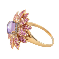 Bague Fleur en Or, Améthyste, Diamants et Saphirs Roses - Castafiore