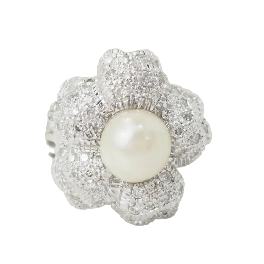 Bague Fleur en or blanc, perle de culture et diamants - Castafiore
