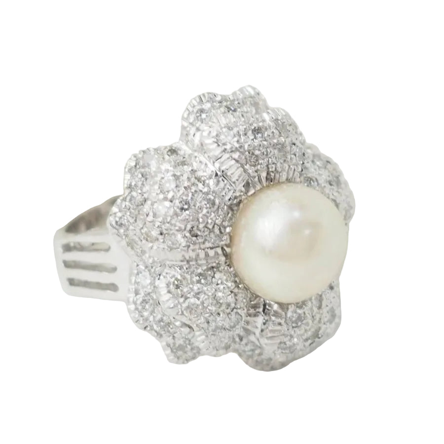 Bague Fleur en or blanc, perle de culture et diamants - Castafiore