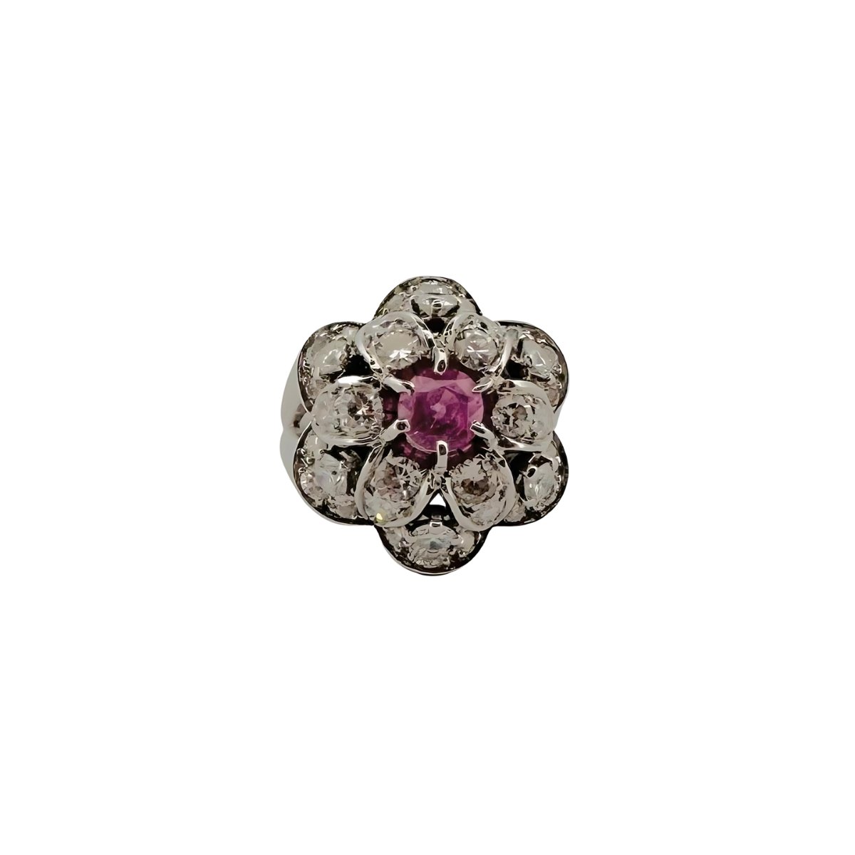 Bague Fleur en or blanc, saphir rose et diamants - Castafiore