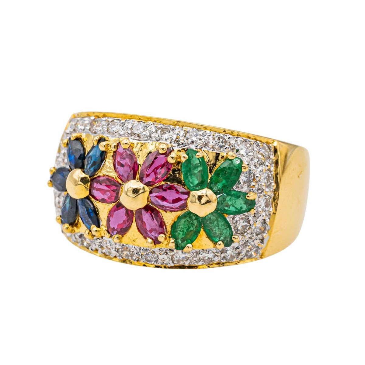 Bague "Fleur" en or jaune, rubis, saphirs, émeraudes et diamants - Castafiore