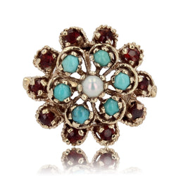 Bague fleur or jaune citrines turquoises perles - Castafiore