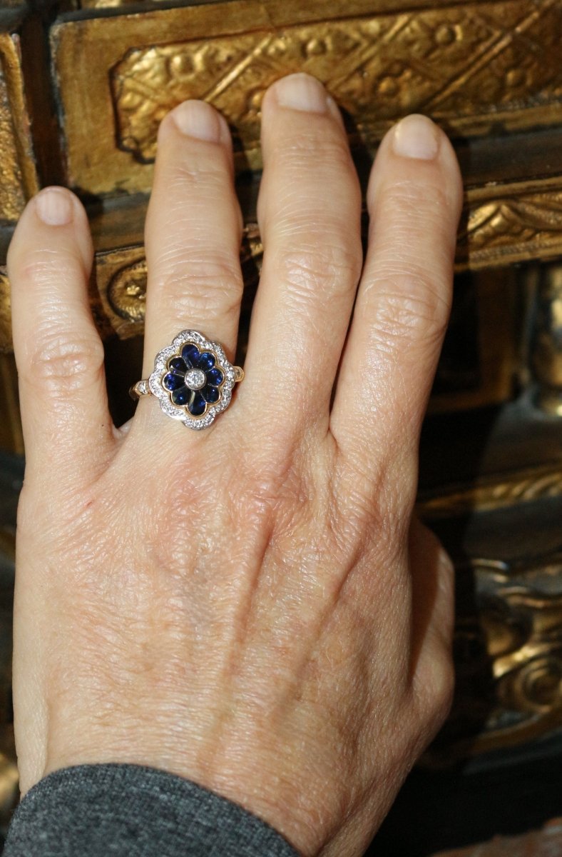 Bague Fleur or jaune saphirs diamants - Castafiore