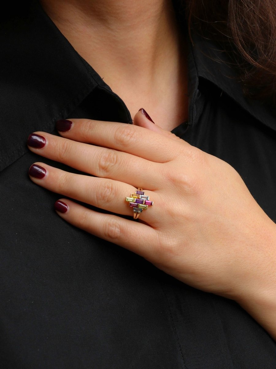 Bague géométrique or jaune améthyste topaze péridot citrine grenat - Castafiore