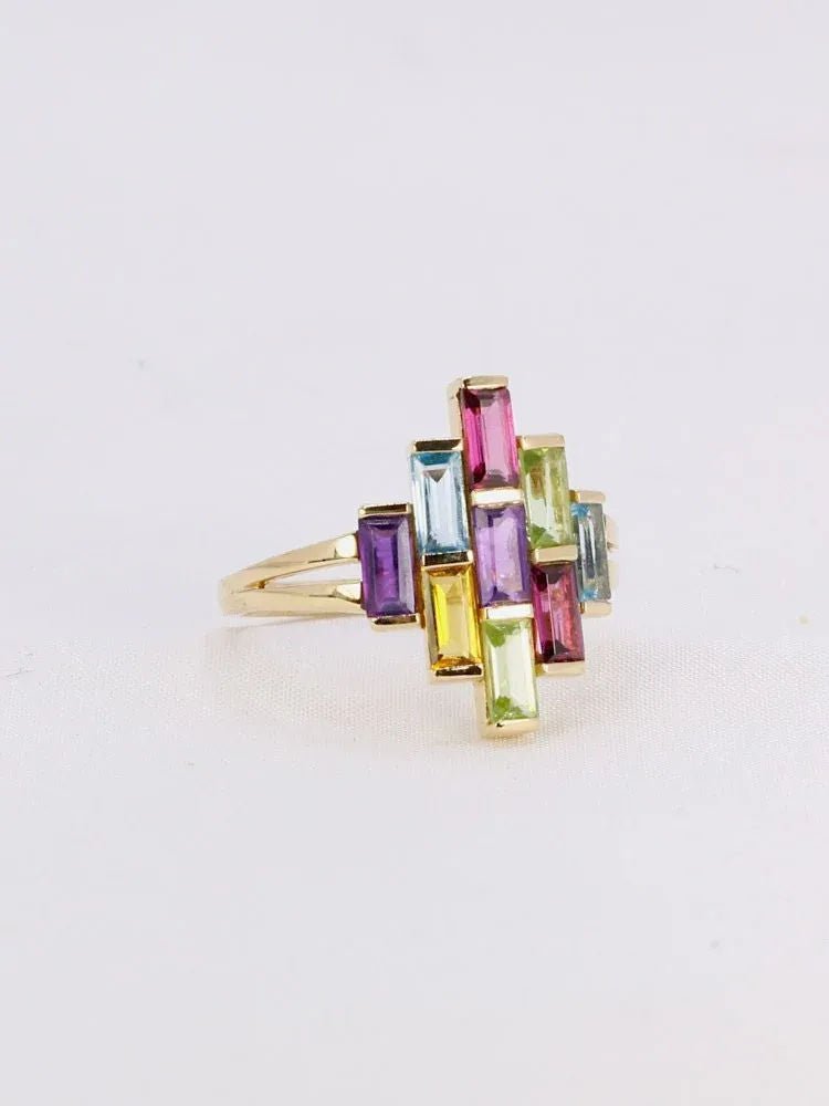 Bague géométrique or jaune améthyste topaze péridot citrine grenat - Castafiore