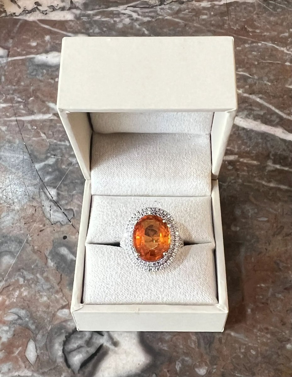 Bague Grenat Spessartite 8 Carats Diamants Or Gris 18 Carats - Castafiore