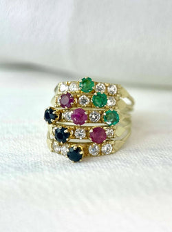 Bague Harem en Or, Pierres Blanches, Saphirs, Rubis et Emeraudes - Castafiore