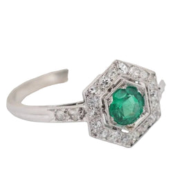 Bague hexagonale en platine, émeraude et diamants - Castafiore