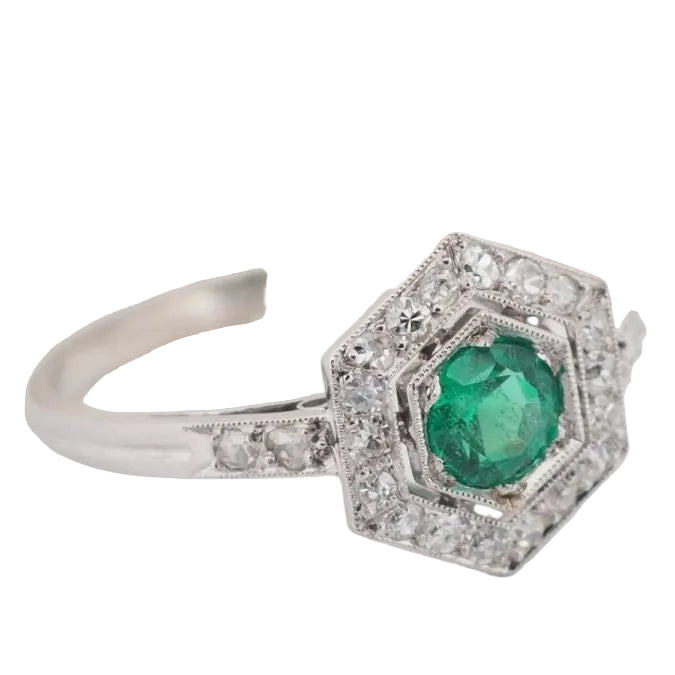 Bague hexagonale en platine, émeraude et diamants - Castafiore