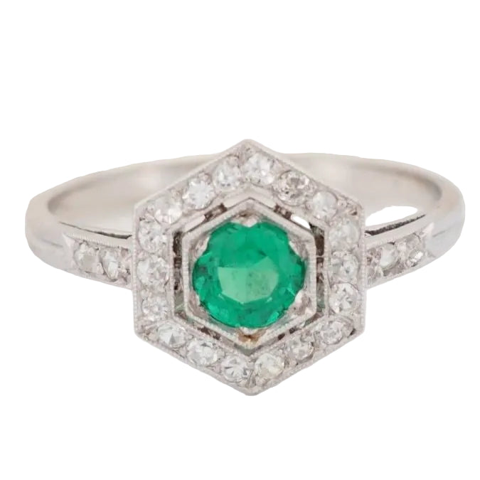 Bague hexagonale en platine, émeraude et diamants - Castafiore