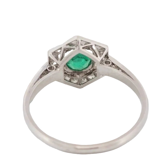 Bague hexagonale en platine, émeraude et diamants - Castafiore