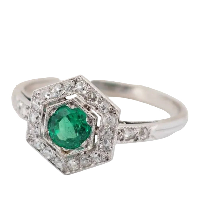 Bague hexagonale en platine, émeraude et diamants - Castafiore