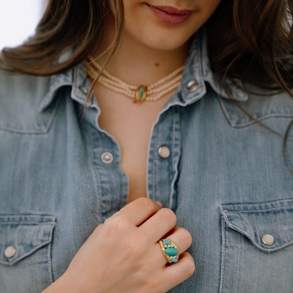 Bague Jarretière en or jaune, turquoise et diamants - Castafiore