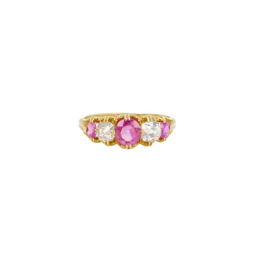 Bague jarretière saphirs roses diamants taille ancienne - Castafiore