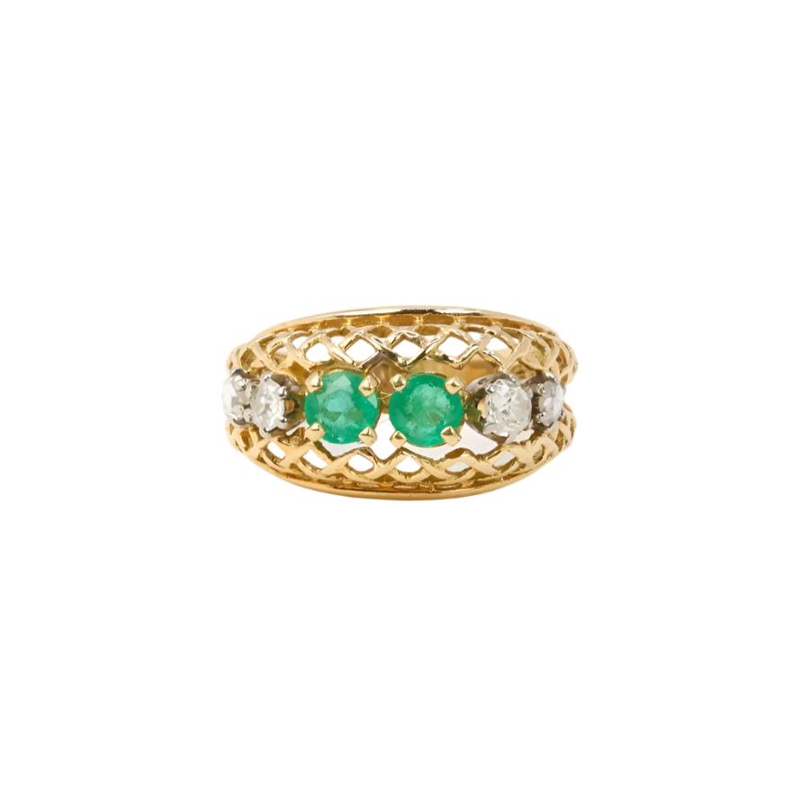 Bague jarretière vintage en or, émeraudes et diamants - Castafiore