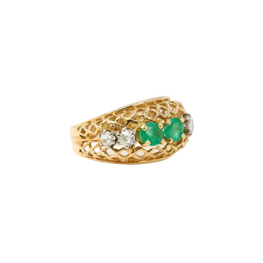 Bague jarretière vintage en or, émeraudes et diamants - Castafiore