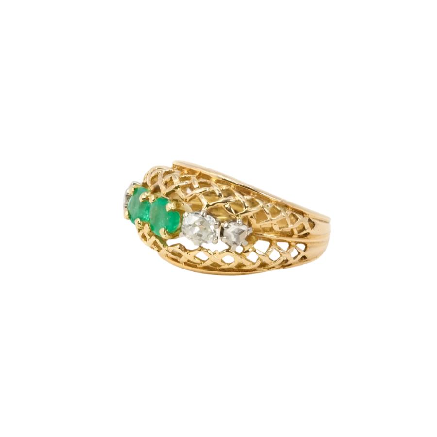 Bague jarretière vintage en or, émeraudes et diamants - Castafiore