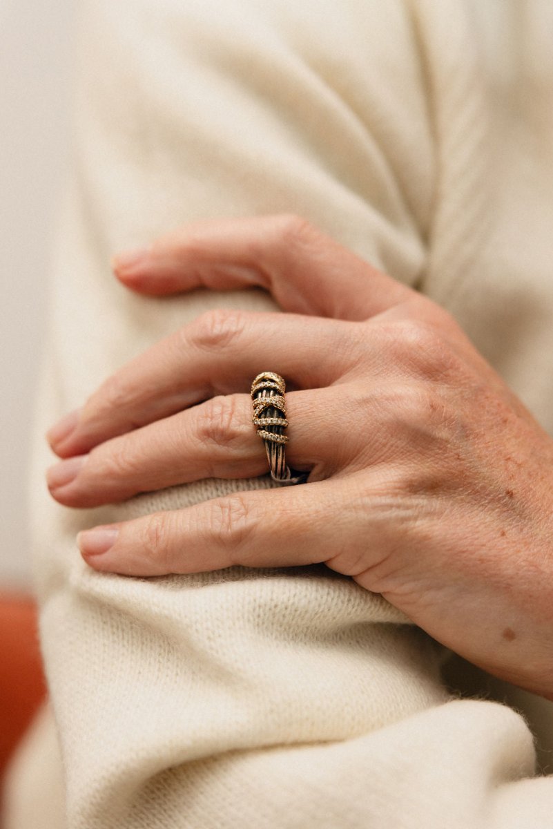 Bague Jonc DAVID YURMAN "Helena" en or jaune, argent et diamants - Castafiore