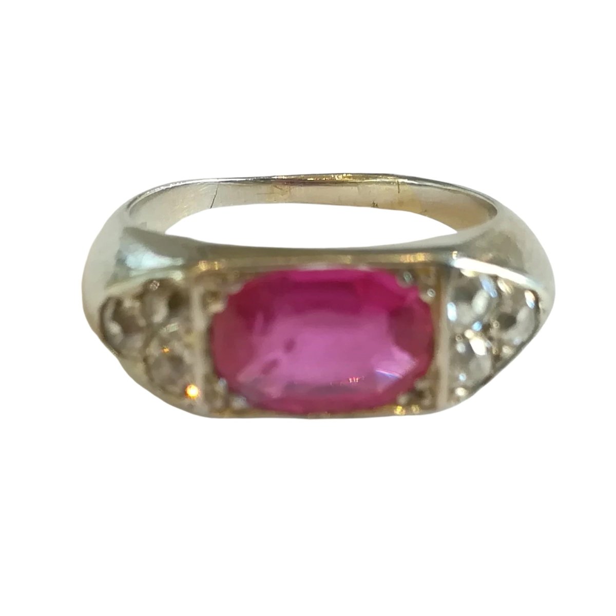 Bague jonc en or blanc et pierre rouge, Art Déco - Castafiore