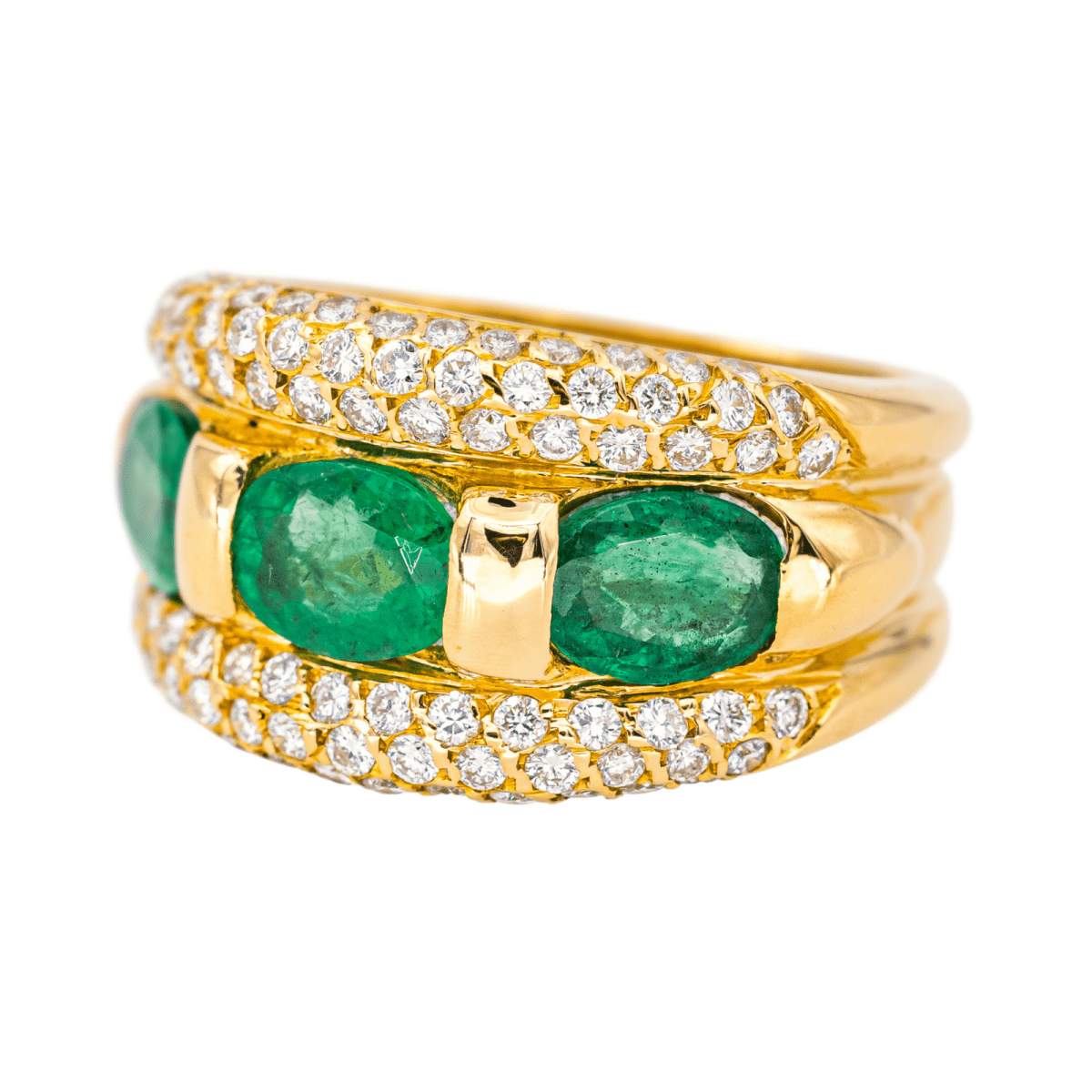 Bague Jonc en or jaune, émeraudes et diamants - Castafiore