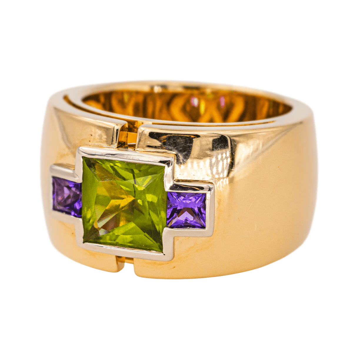 Bague Jonc en or jaune, péridot et améthystes - Castafiore