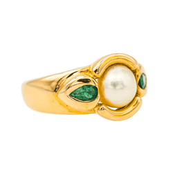 Bague Jonc en or jaune, perle et émeraudes - Castafiore