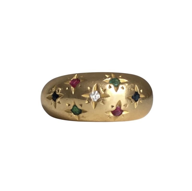 Bague Jonc en or jaune, rubis, saphirs, émeraudes et diamant - Castafiore