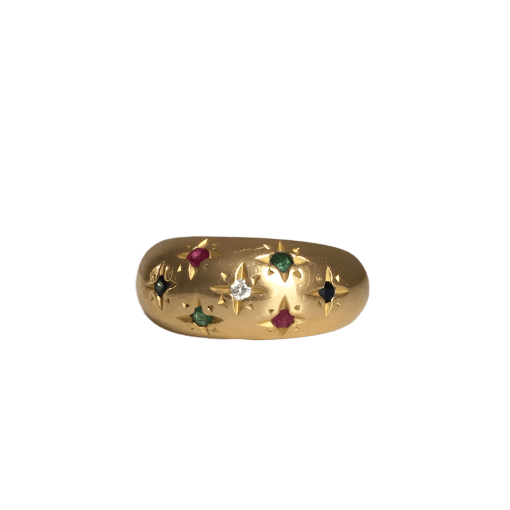 Bague Jonc en or jaune, rubis, saphirs, émeraudes et diamant - Castafiore