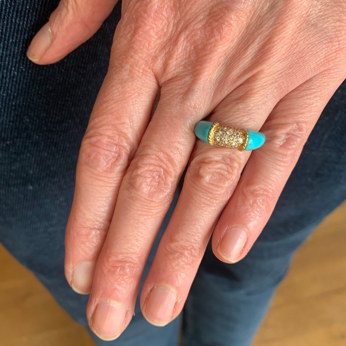 Bague Jonc en or jaune, turquoise et diamants - Castafiore