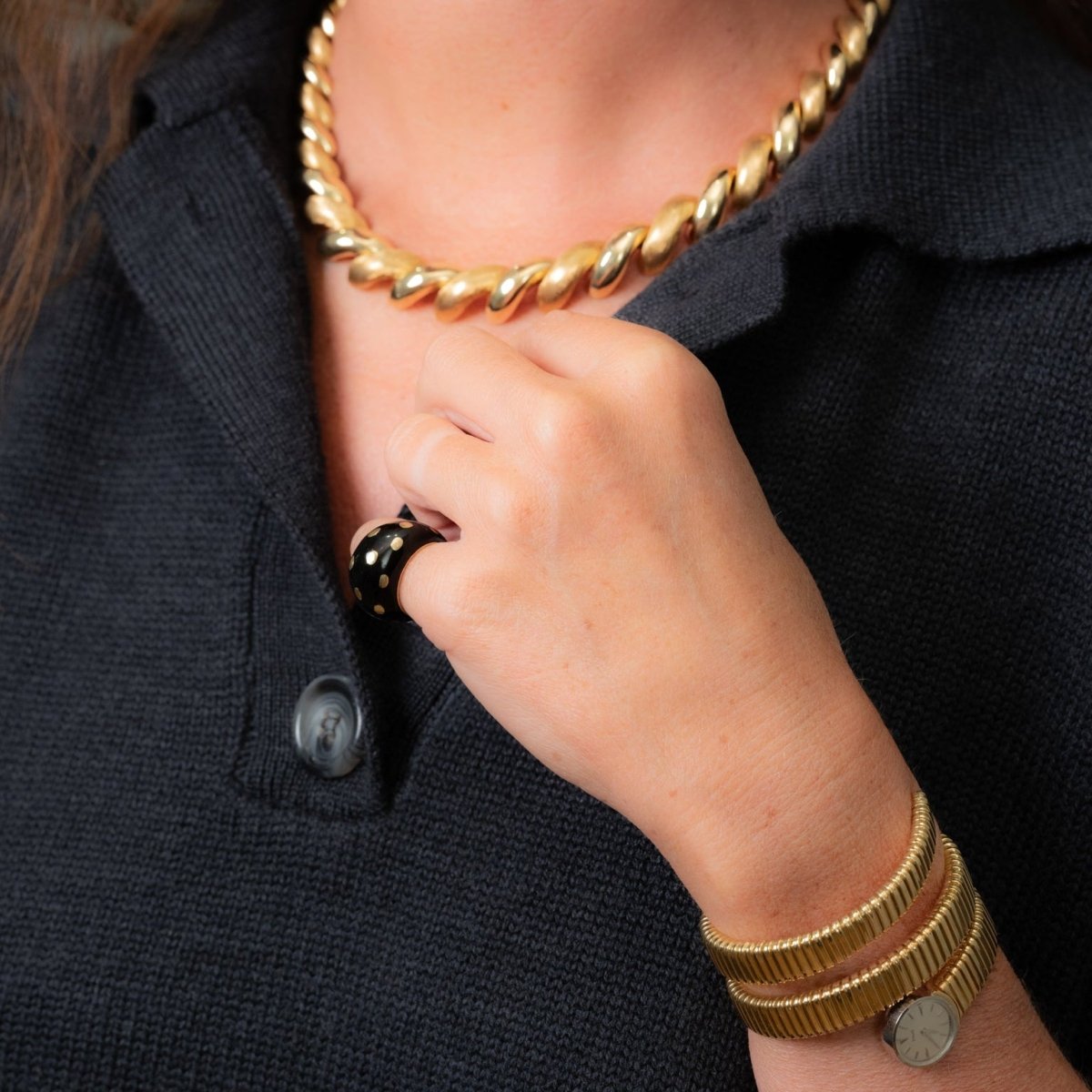 Bague Jonc FRED en or jaune et émail noir
