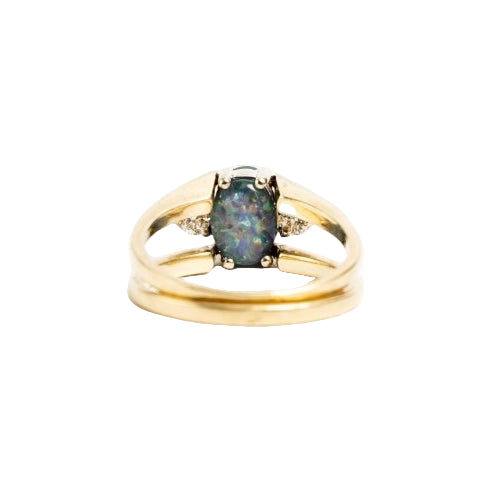 Bague jonc or jaune émeraude, opale et diamants - Castafiore