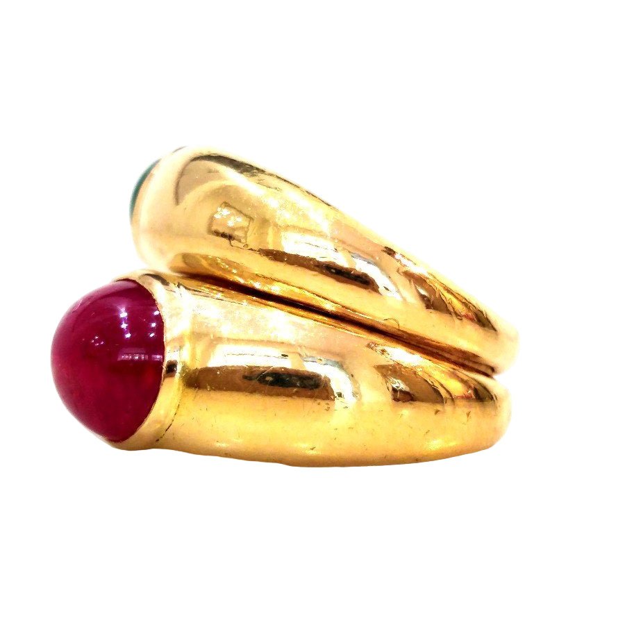 Bague Jonc POIRAY en or jaune, émeraude et rubis - Castafiore