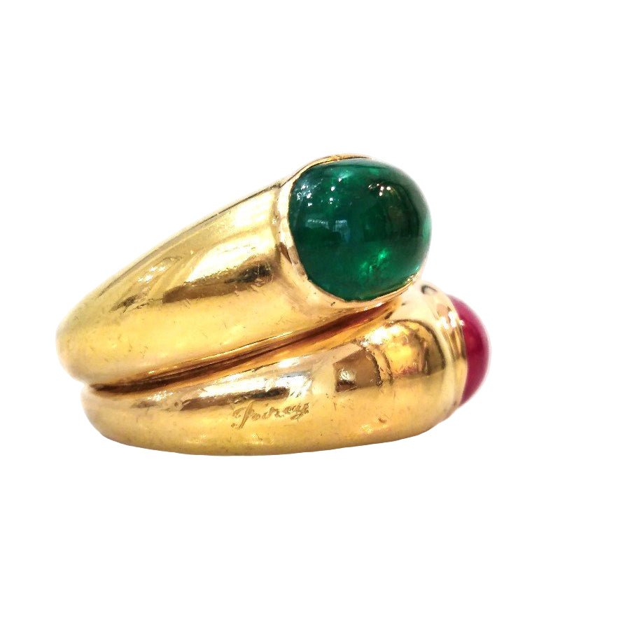 Bague Jonc POIRAY en or jaune, émeraude et rubis - Castafiore