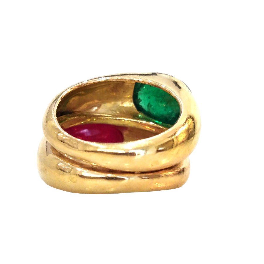 Bague Jonc POIRAY en or jaune, émeraude et rubis - Castafiore