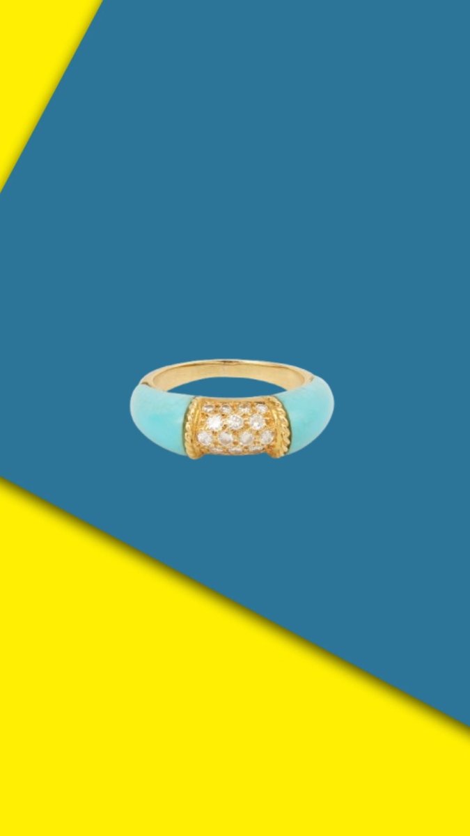 Bague Jonc Turquoise Diamants Or Jaune 18 Carats - Castafiore
